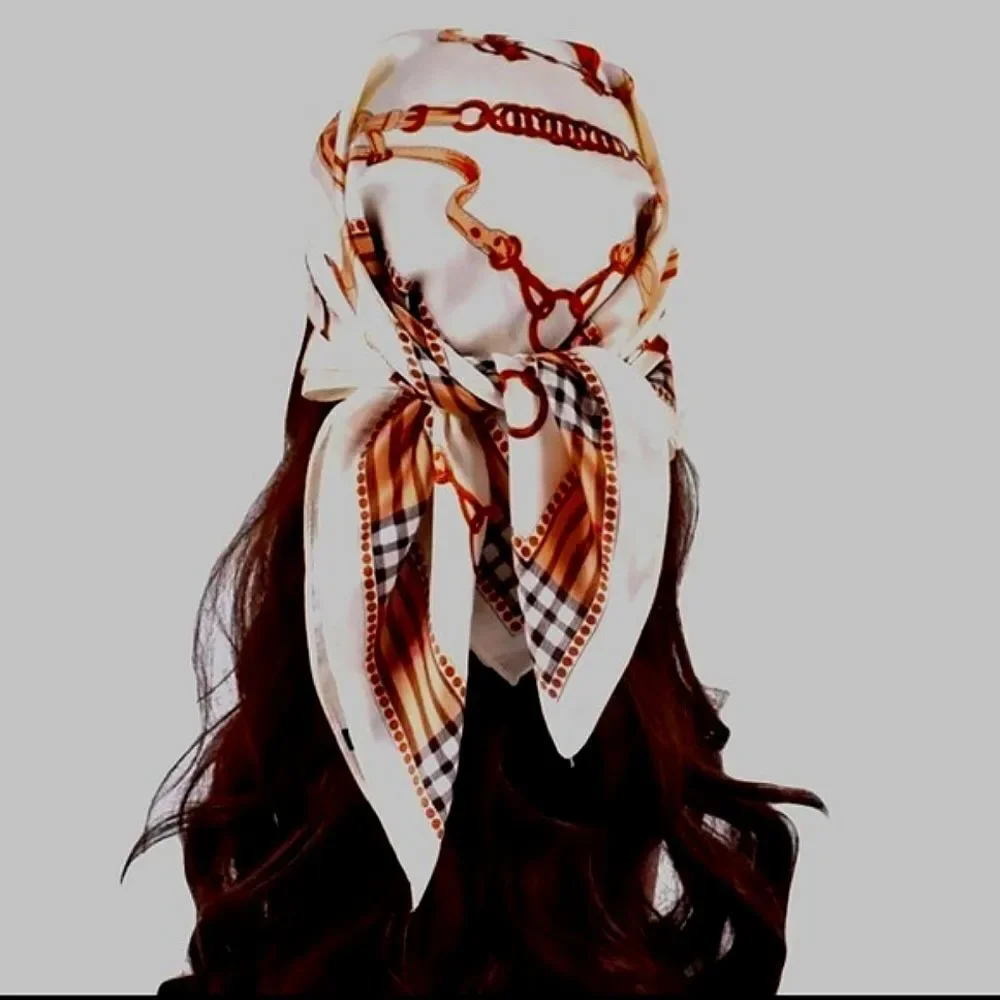 Mulberry Silky Neck Scarf Classic Chain Plaid Print Versatile Scarf